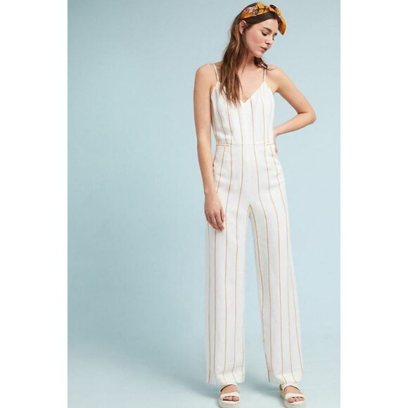 Anthropologie The Essential Jumpsuit Linen Blend Yarn-Dyed Stripe S/M MSRP: $148 - Picture 1 of 9